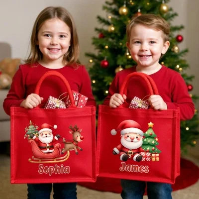 Personalized Cartoon Santa Claus Design Tote Bag with Name, Large Capacity Jute Bag, Holiday Party Favor, Christmas Gift for Kids/Family/Friends